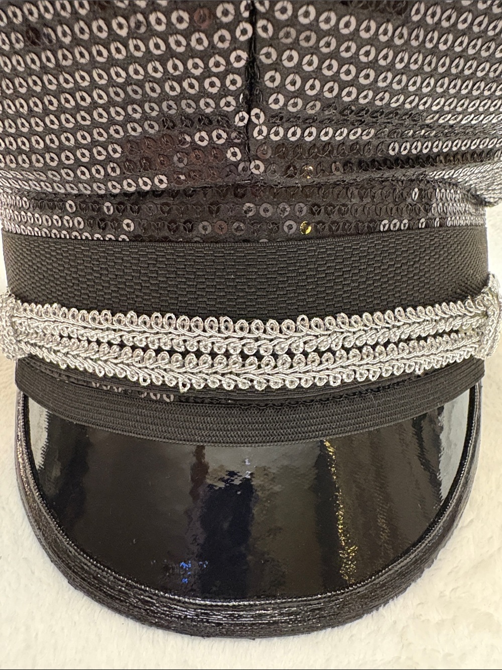 Black Sequin Police Style Cap with Silver Trim Detail - Picture 3 of 10